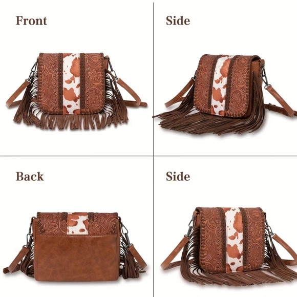 NEW! Brown Animal Print Boho White Cowgirl Fringe Leather Gift Crossbody Bag - Picture 5 of 5